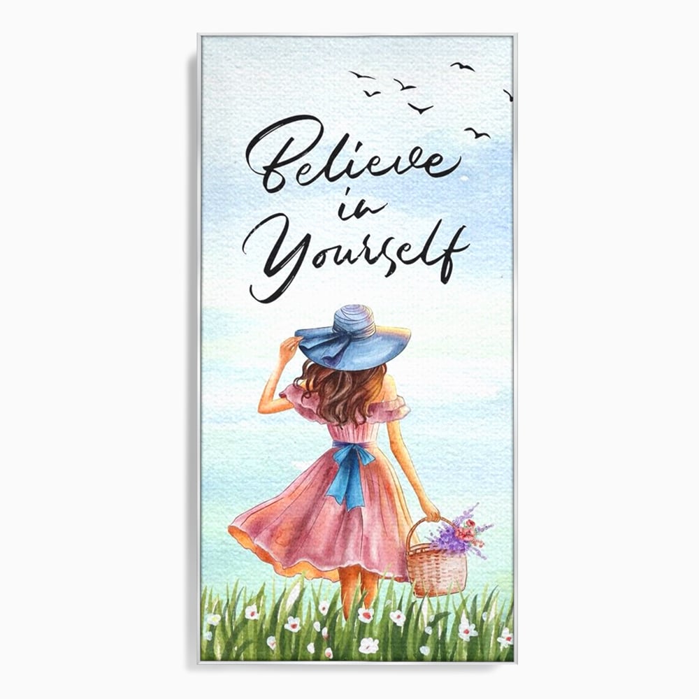 Tablou canvas cu ilustratie cu femeie si mesaj motivational, in rama de aluminiu argintiu